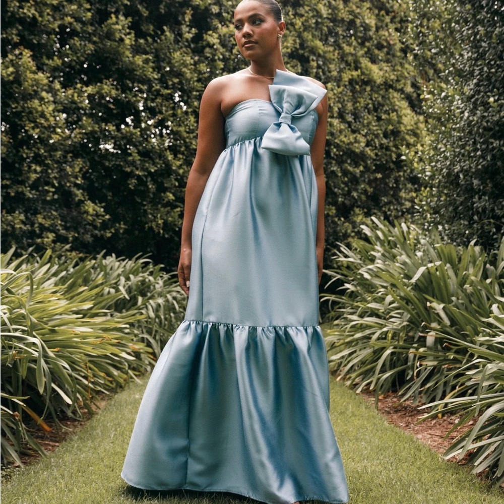 Petal & Pup One-Shoulder Satin Dress in Light Blue